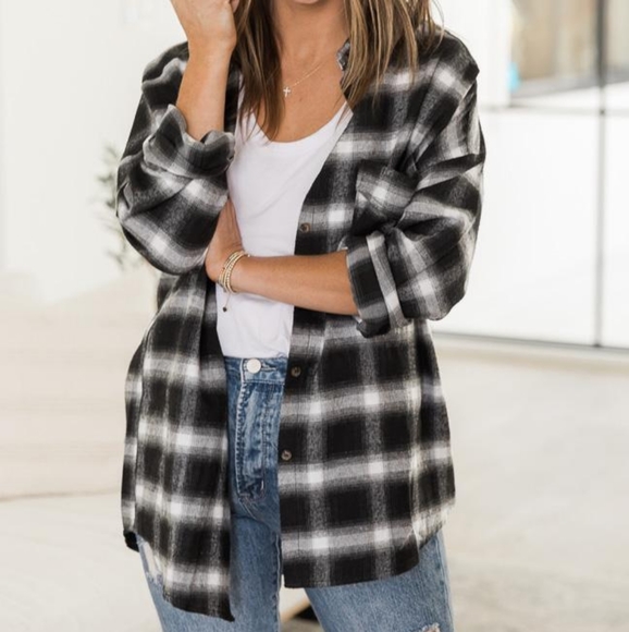 DARYL-ANN DENNER X PINK LILY DENNER PLAID BLACK/WHITE BUTTON FRONT SHIRT - Picture 2 of 6